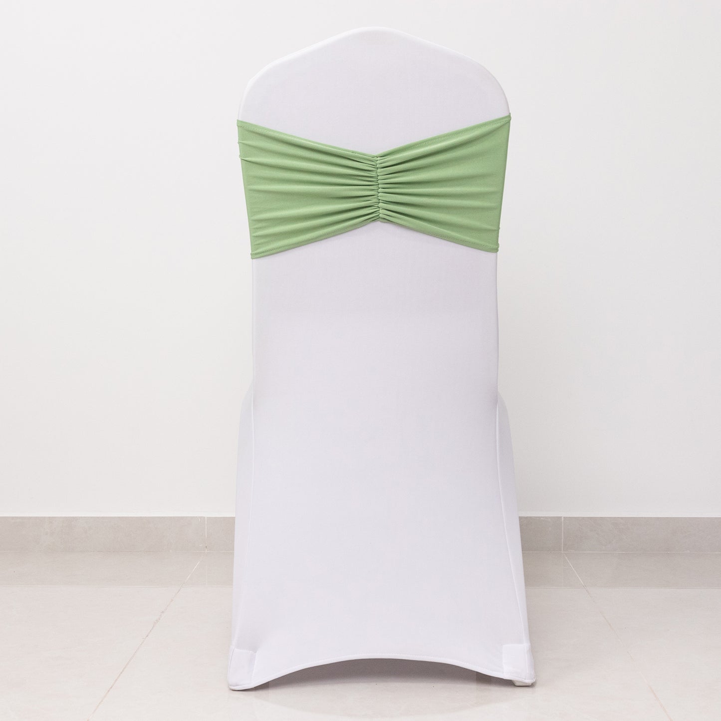 5 Pack Sage Green Wide Ruffled Fitted Spandex Chair Sash Band - 8"x13"