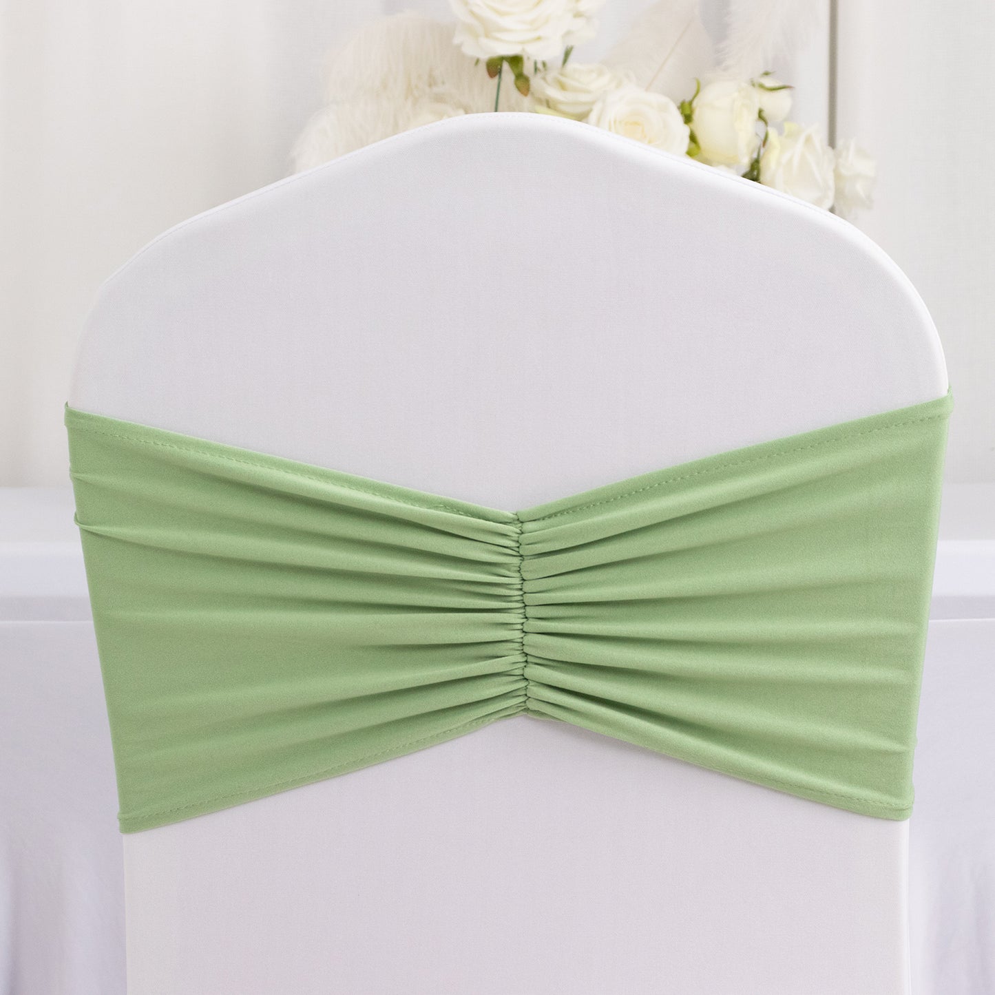 5 Pack Sage Green Wide Ruffled Fitted Spandex Chair Sash Band - 8"x13"