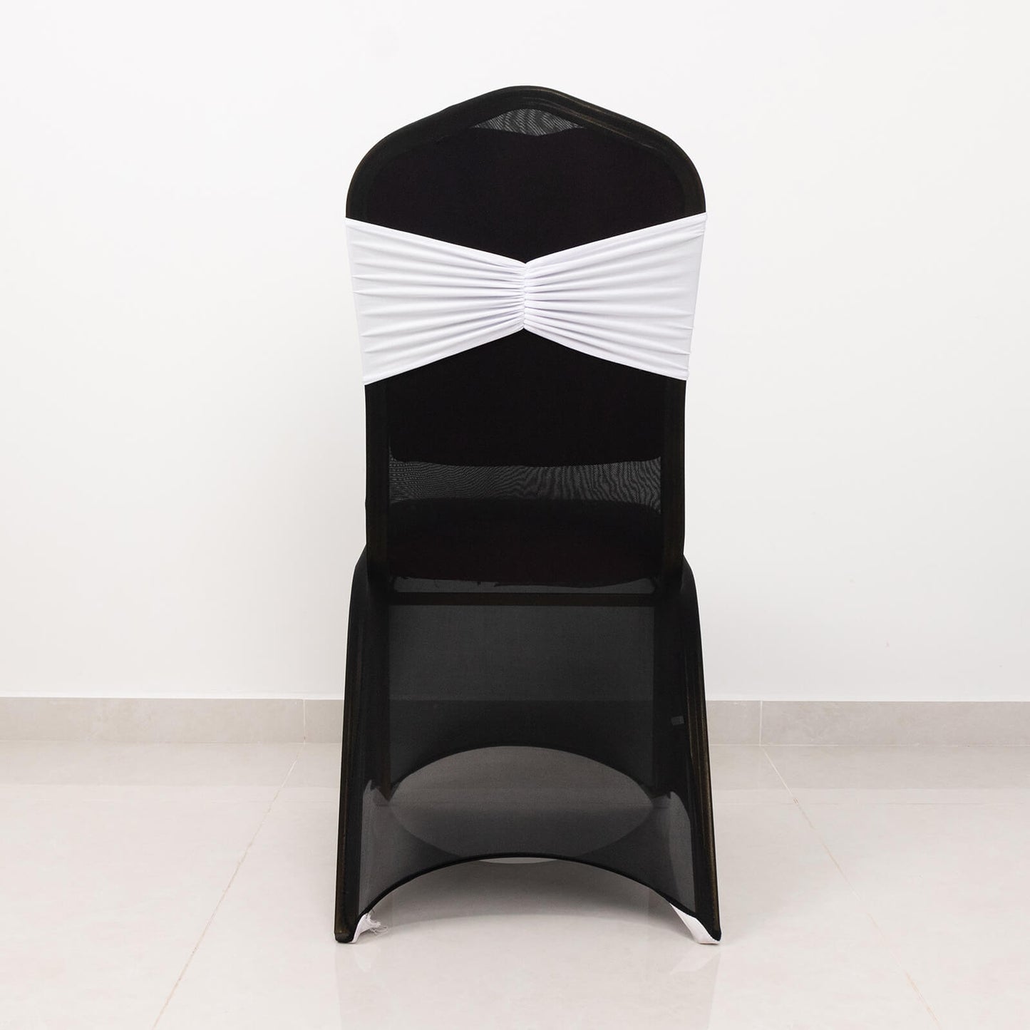 5 Pack White Wide Ruffled Fitted Spandex Chair Sash Band - 8"x13"