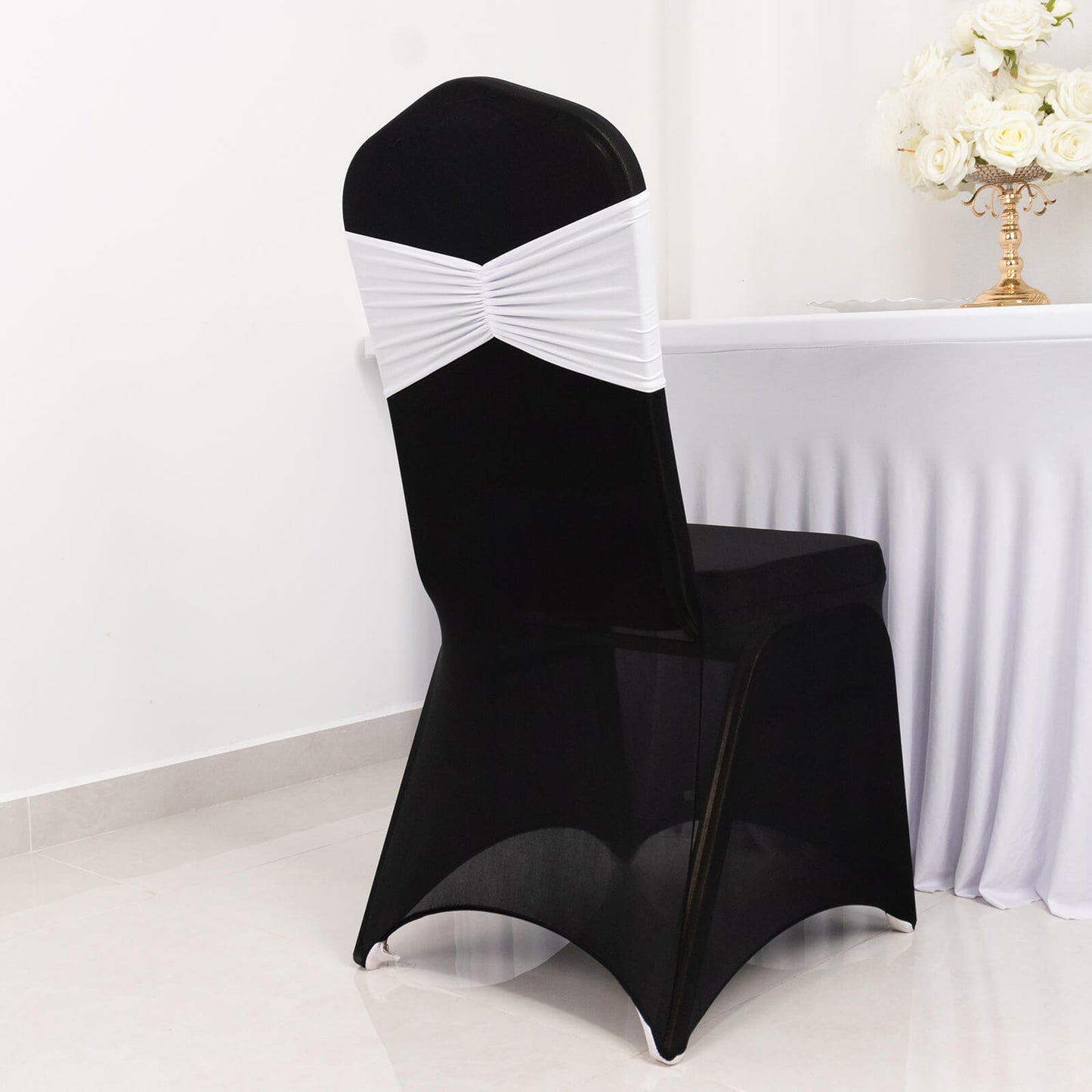 5 Pack White Wide Ruffled Fitted Spandex Chair Sash Band - 8"x13"