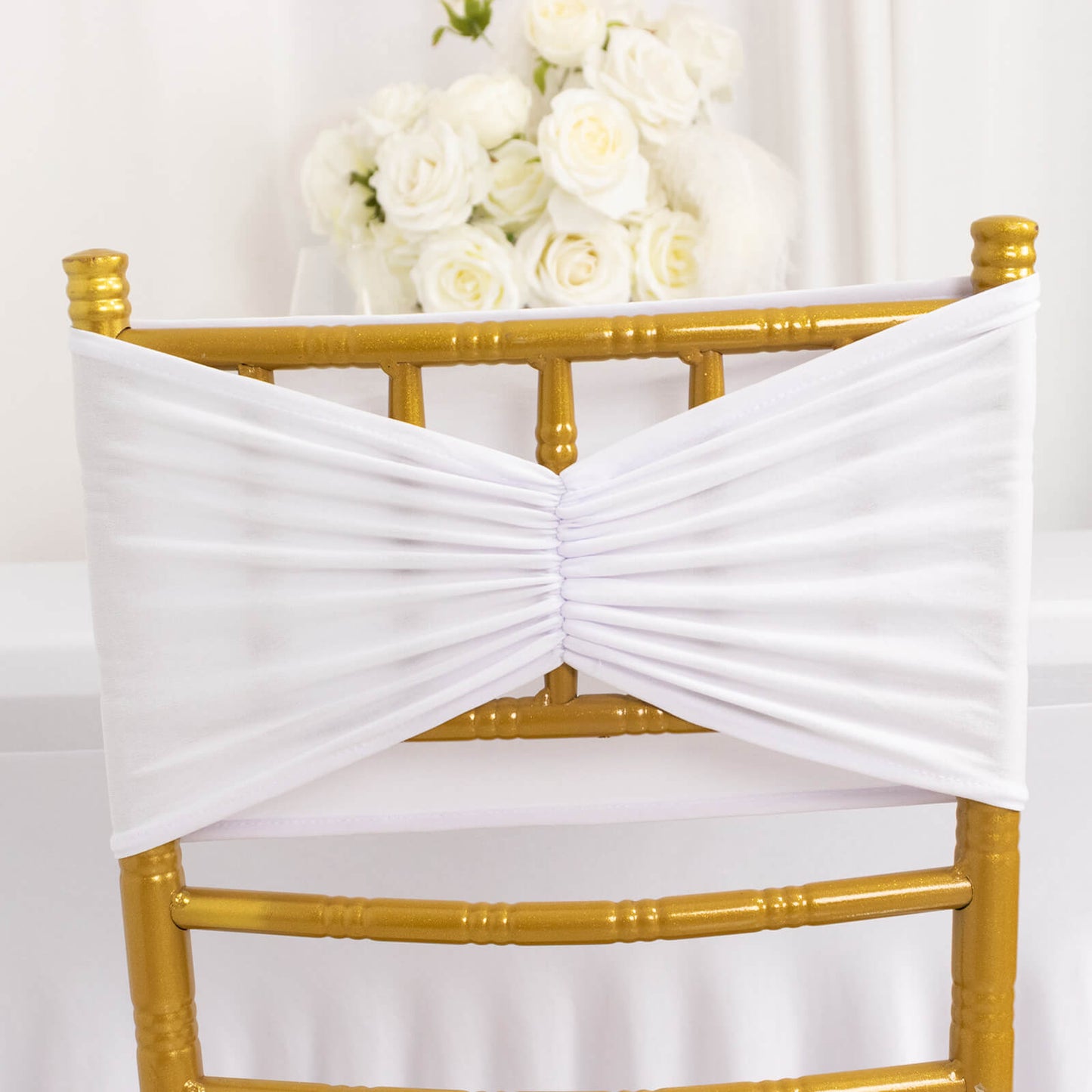 5 Pack White Wide Ruffled Fitted Spandex Chair Sash Band - 8"x13"