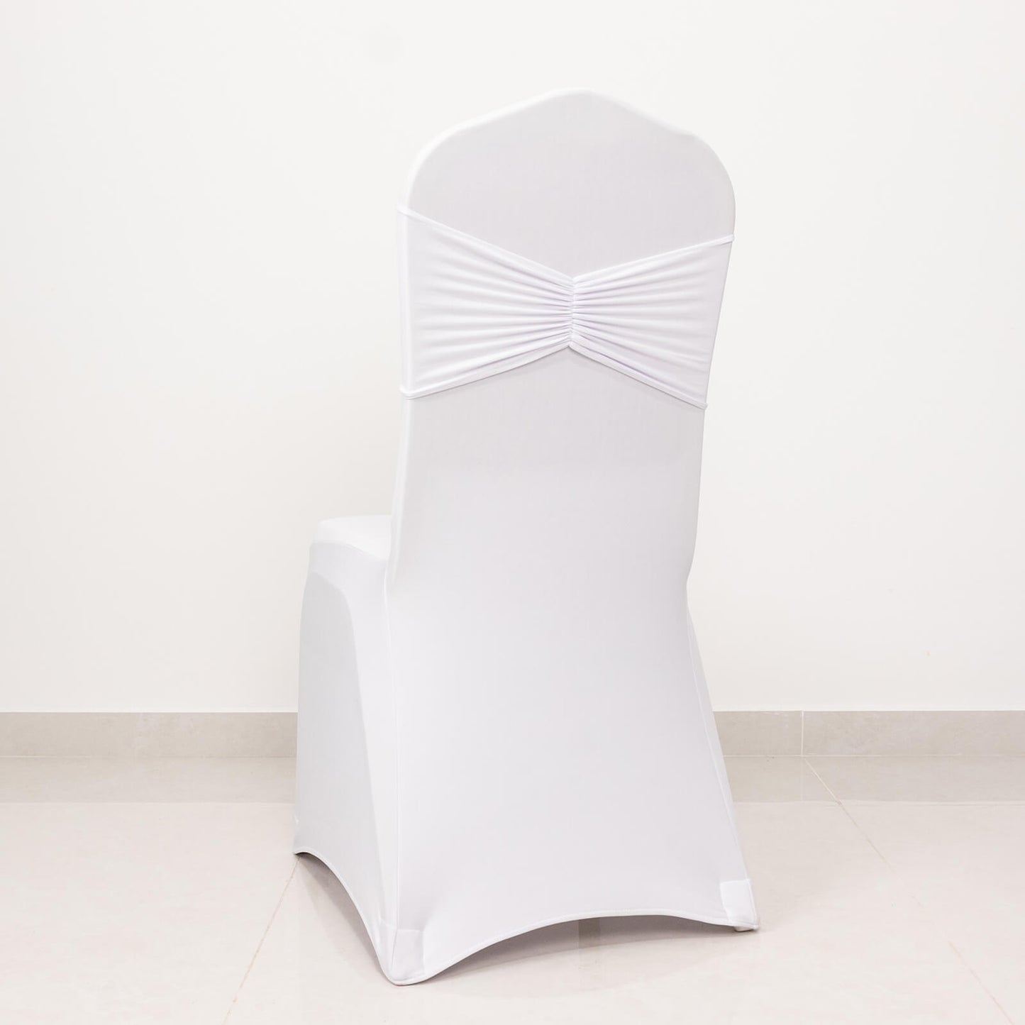 5 Pack White Wide Ruffled Fitted Spandex Chair Sash Band - 8"x13"