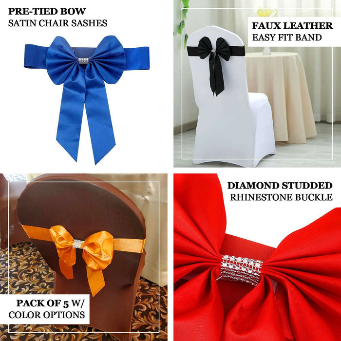 5 Pack | Silver | Reversible Chair Sashes with Buckle | Double Sided Pre-tied Bow Tie Chair Bands | Satin and Faux Leather