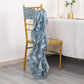 Dusty blue chiffon satin chair sash draped over a gold chair.