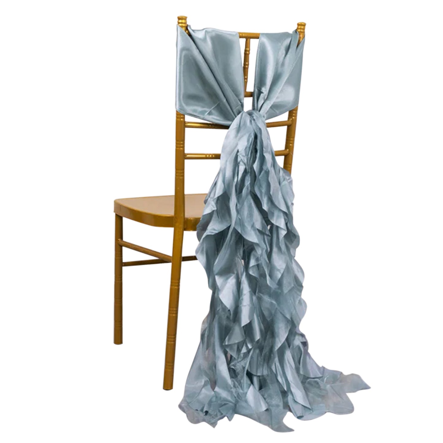 Dusty blue satin chair sash draped elegantly on a gold chair. #whtbkgd