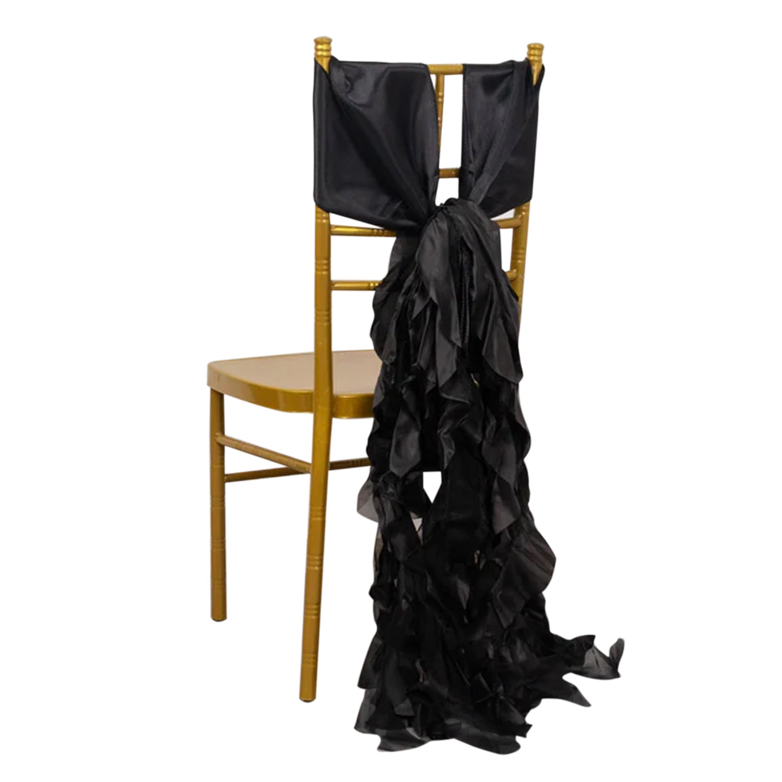 Black curly willow chiffon satin chair sash on a gold chair. #whtbkgd