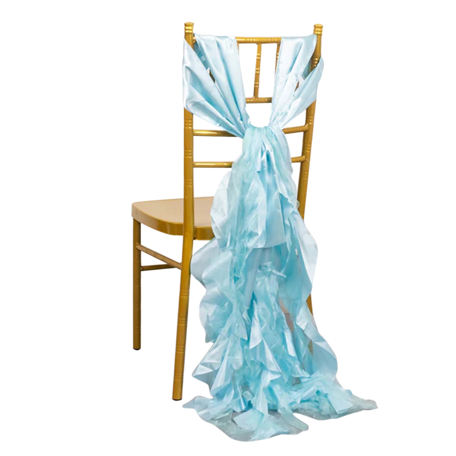 Light blue chiffon satin chair sash draped elegantly over a gold chair.
