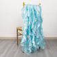 Light blue curly chiffon satin chair sashes draped over a gold chair.