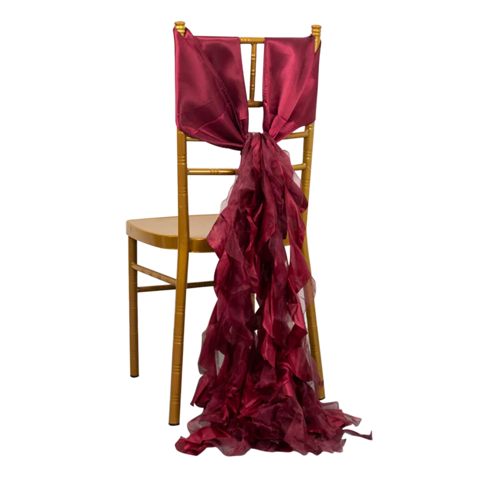 Burgundy chiffon satin chair sash draped over a gold chair. #whtbkgd