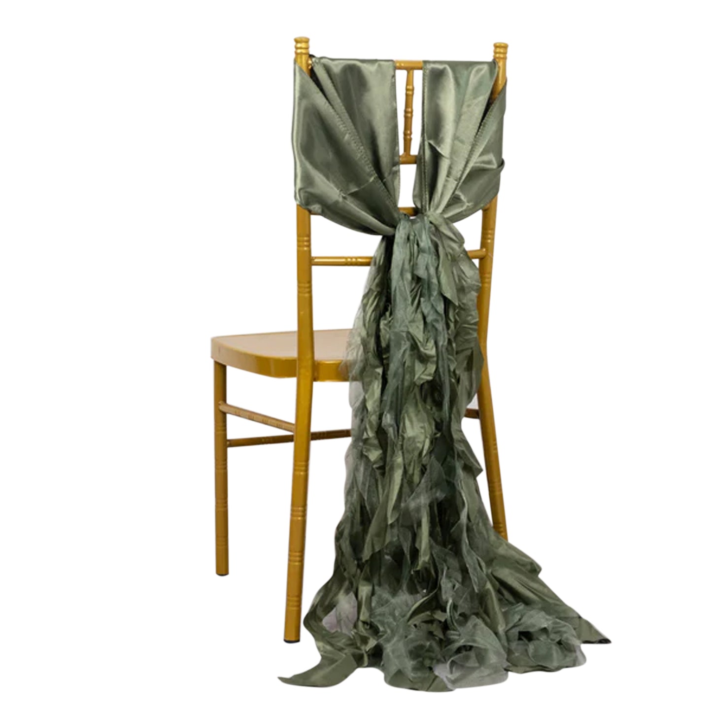Dusty sage green chiffon satin chair sash draped on a chair. #whtbkgd