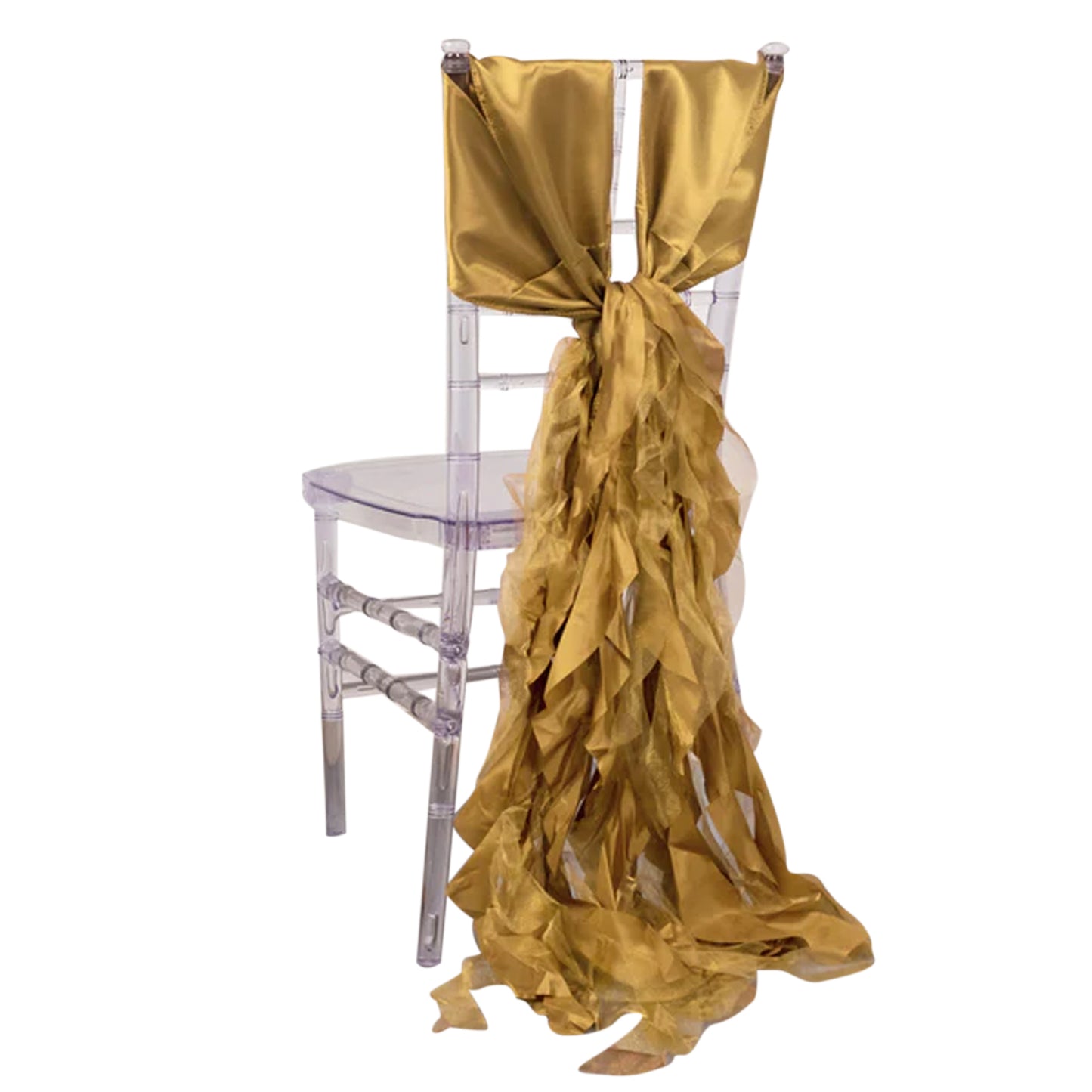 Gold curly chiffon satin chair sash on a transparent chair.