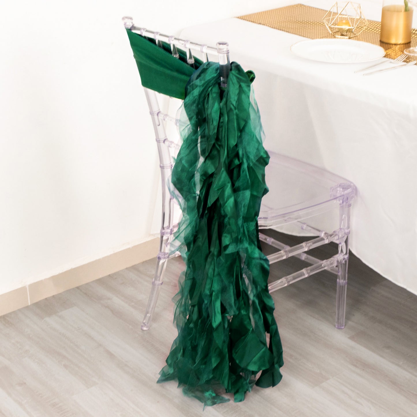 Emerald green curly chiffon satin chair sashes, 5 pack.