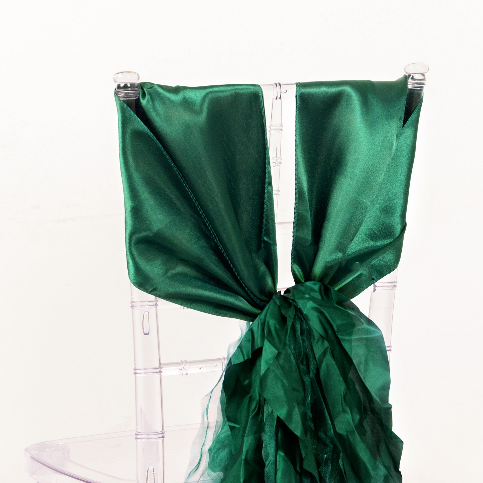 Emerald green chiffon satin chair sashes for elegant decor.