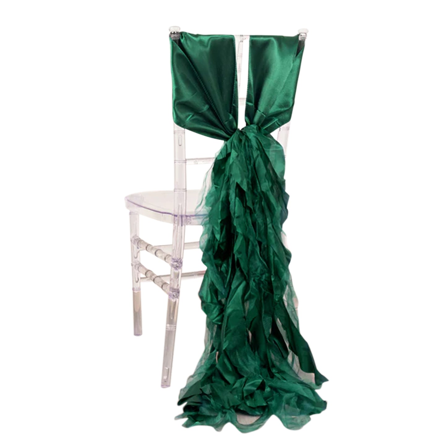 Emerald green curly chiffon satin chair sash for elegant decor. #whtbkgd