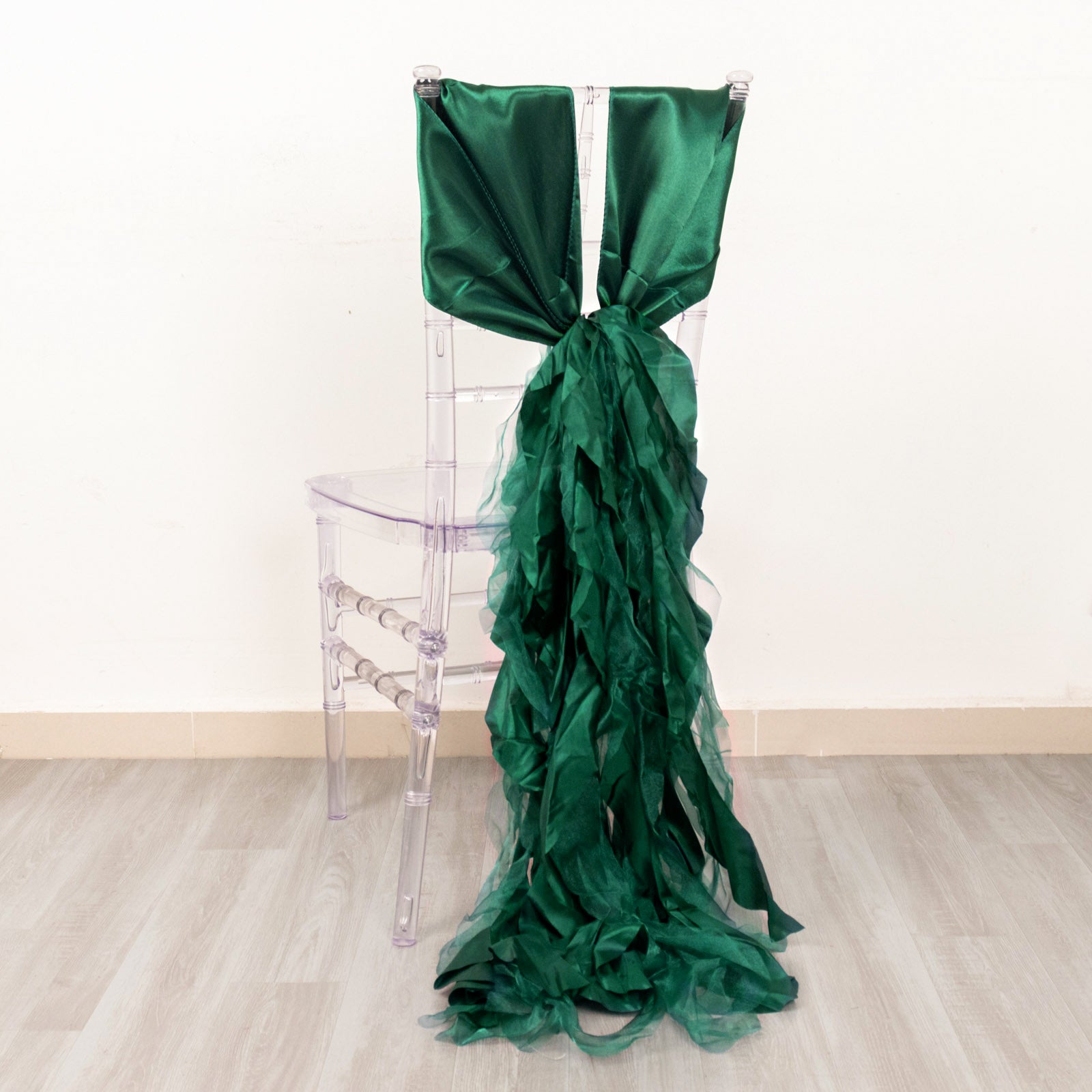 Emerald green curly chiffon satin chair sash for elegant decor.
