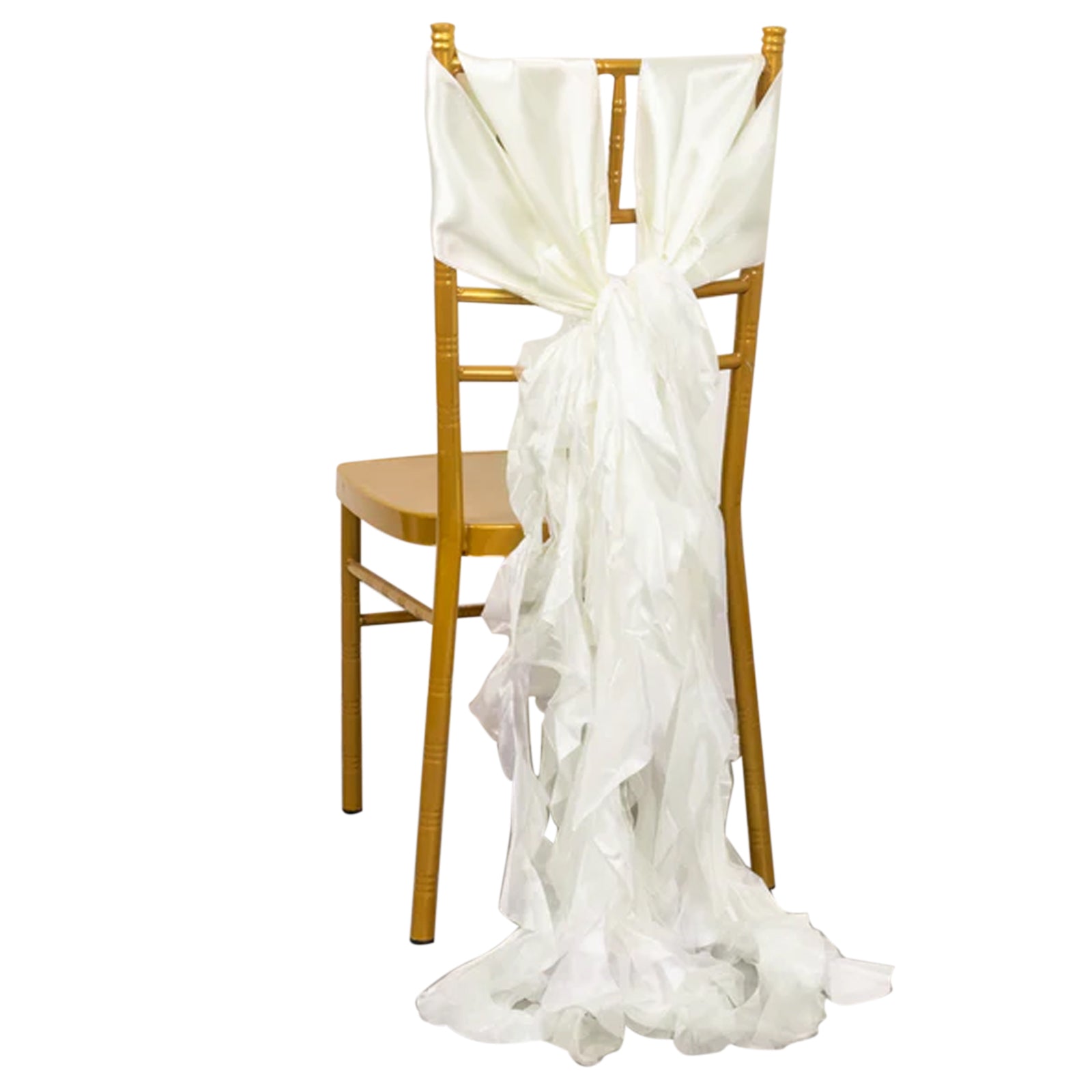 Ivory chiffon satin chair sash draped elegantly on a wooden chair. #whtbkgd