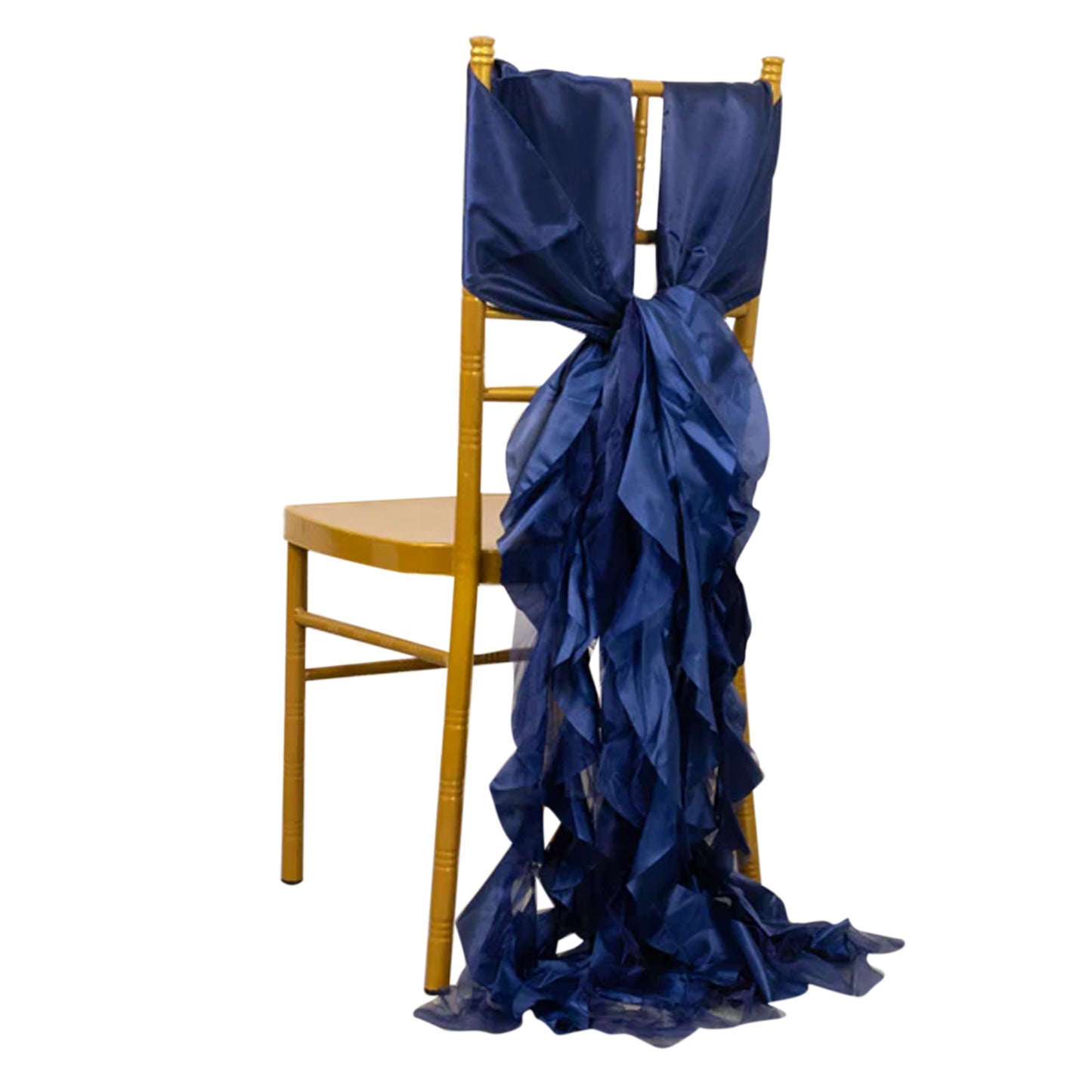 Navy blue curly chiffon satin chair sashes on a gold chair. #whtbkgd