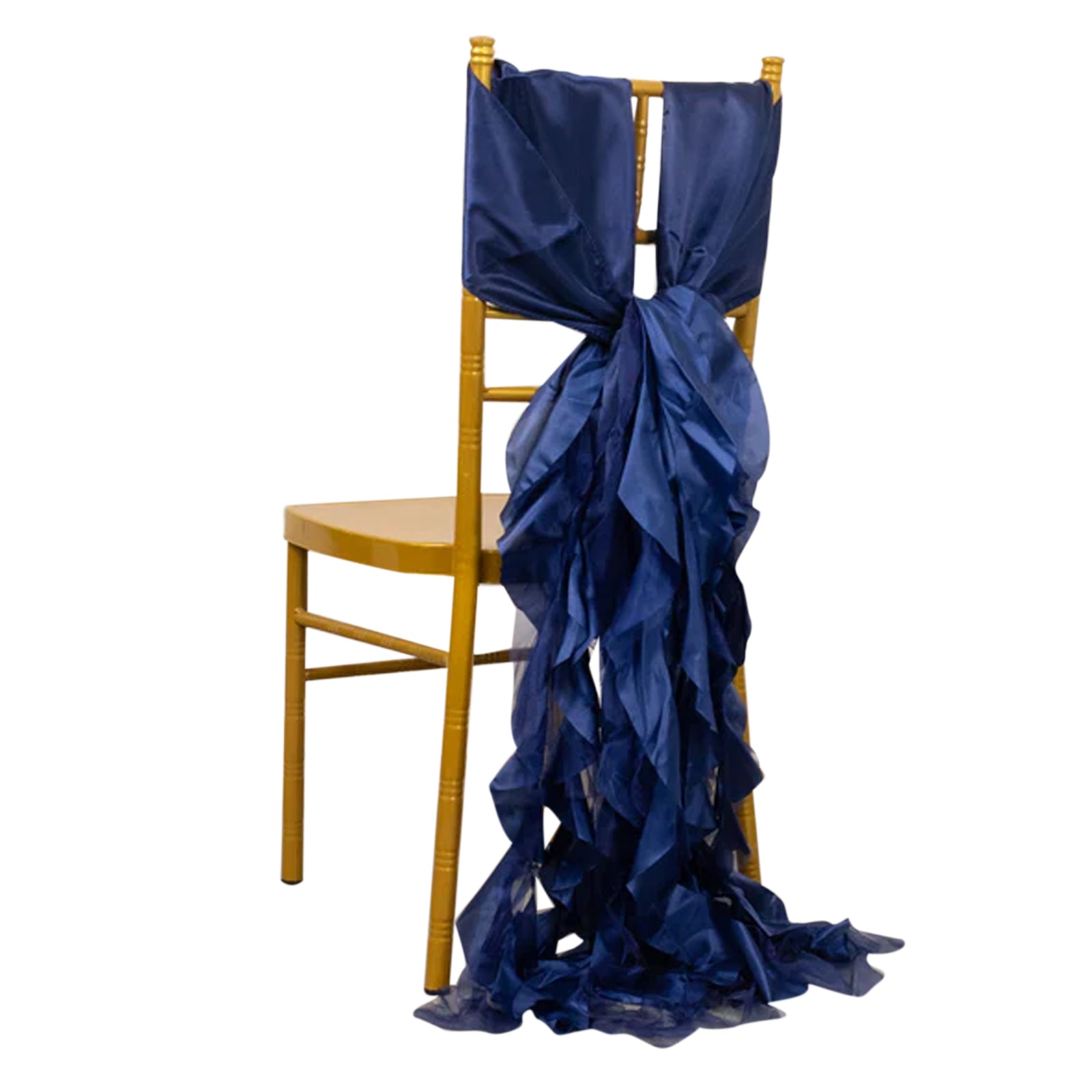 Navy blue curly chiffon satin chair sashes on a gold chair. #whtbkgd