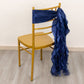 Navy blue curly chiffon satin chair sash on a gold chair.