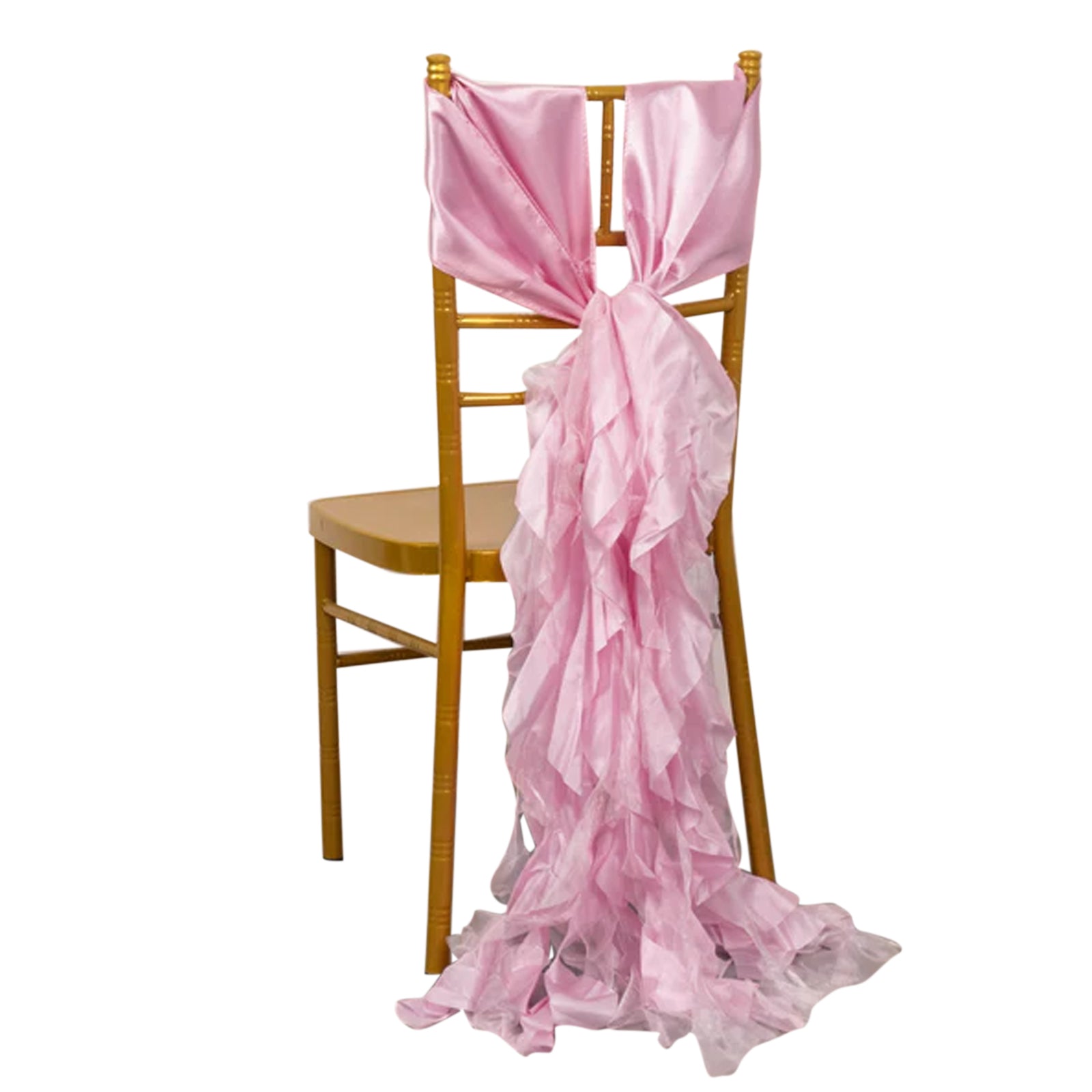 Pink chiffon satin chair sash draped on a wooden chair. #whtbkgd