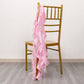 Pink curly chiffon satin chair sashes draped on a gold chiavari chair.