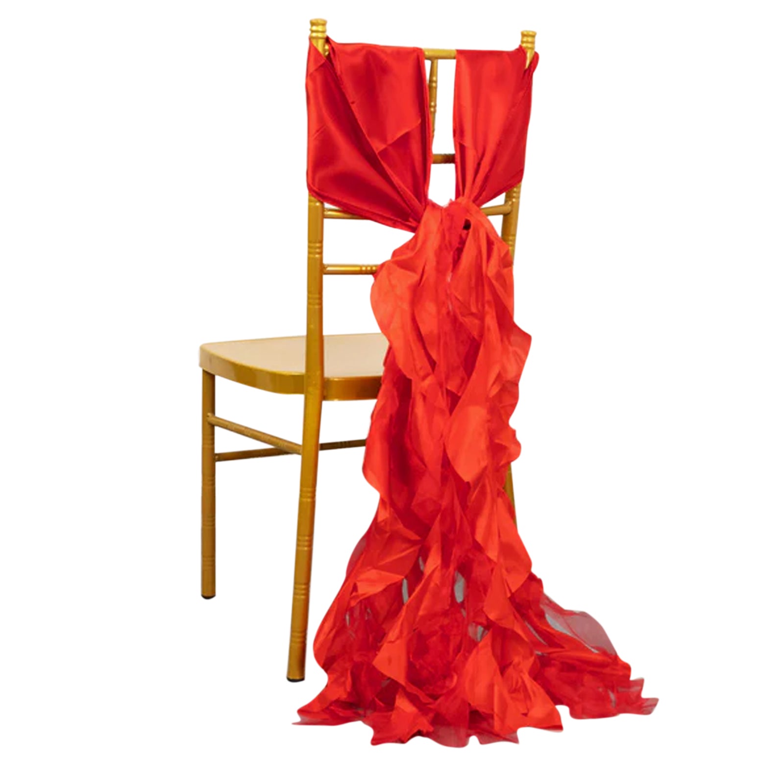 Red chiffon satin chair sashes for elegant event decor. #whtbkgd