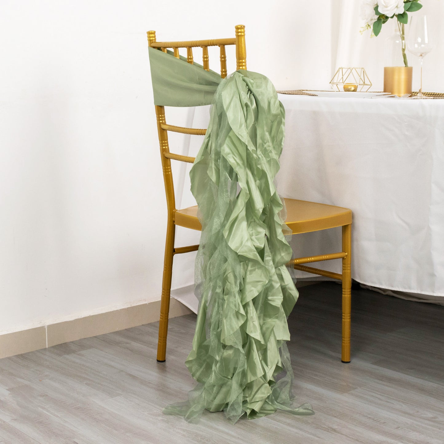 5 Pack Sage Green Curly Willow Chiffon Satin Chair Sashes