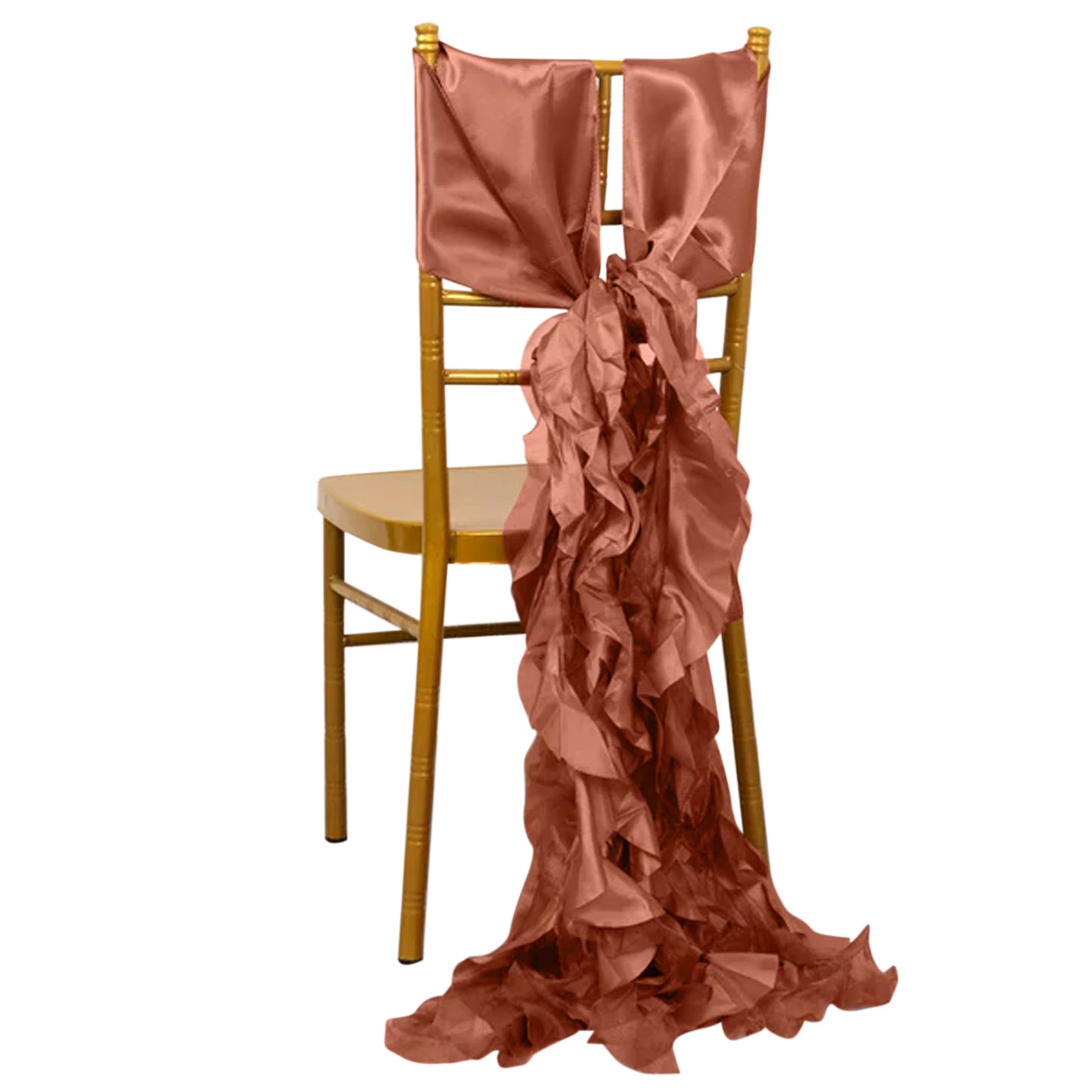 Terracotta curly willow chiffon satin chair sashes on a chair. #whtbkgd