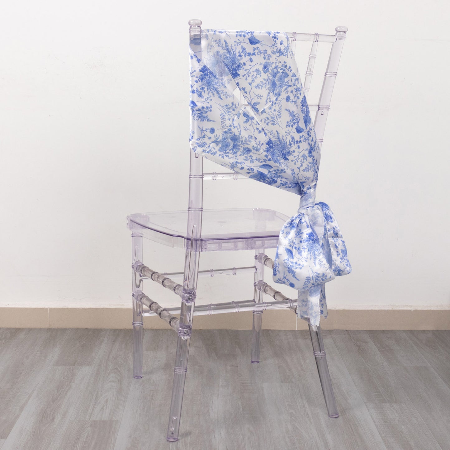 5 Pack White Blue Satin Chair Sashes in French Toile Floral Pattern, Chair Bows - 6"x108"