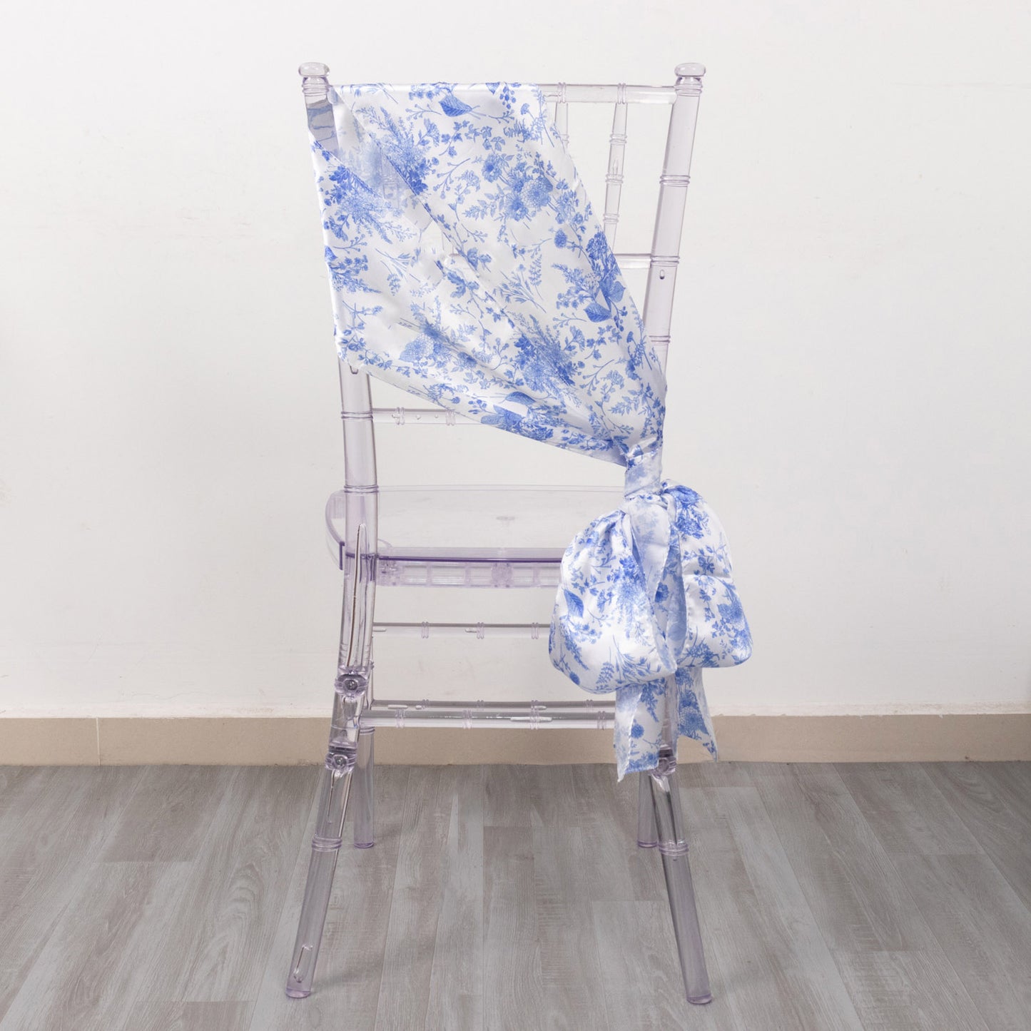 5 Pack White Blue Satin Chair Sashes in French Toile Floral Pattern, Chair Bows - 6"x108"