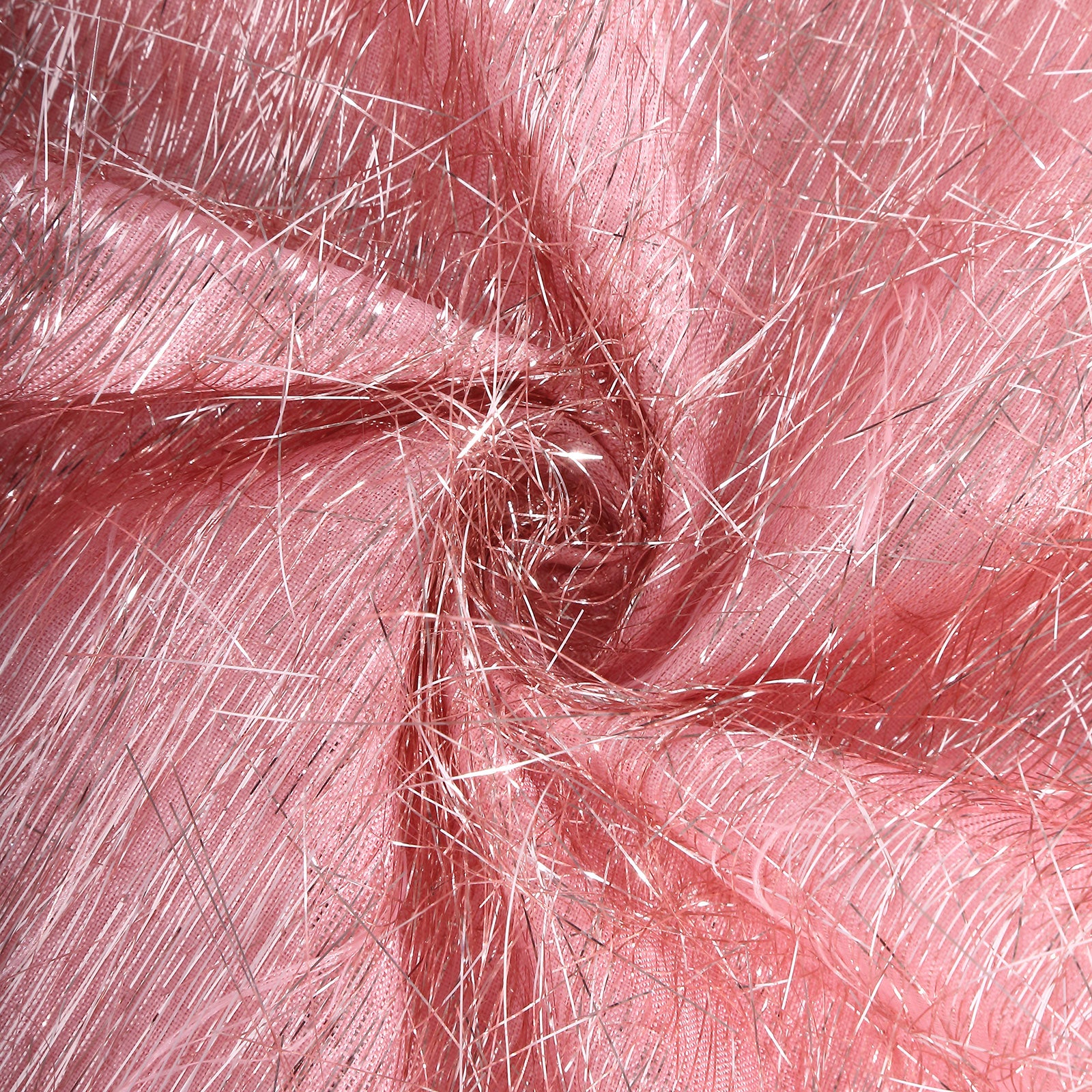 Rose gold metallic fringe tinsel chair sashes, shimmery polyester fabric.