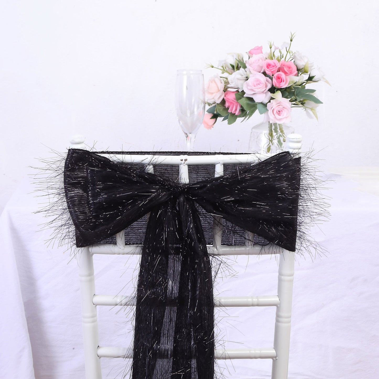 5 Pack Black Metallic Fringe Shag Tinsel Chair Sashes, Shimmery Polyester Chair Sashes - 6"x108"