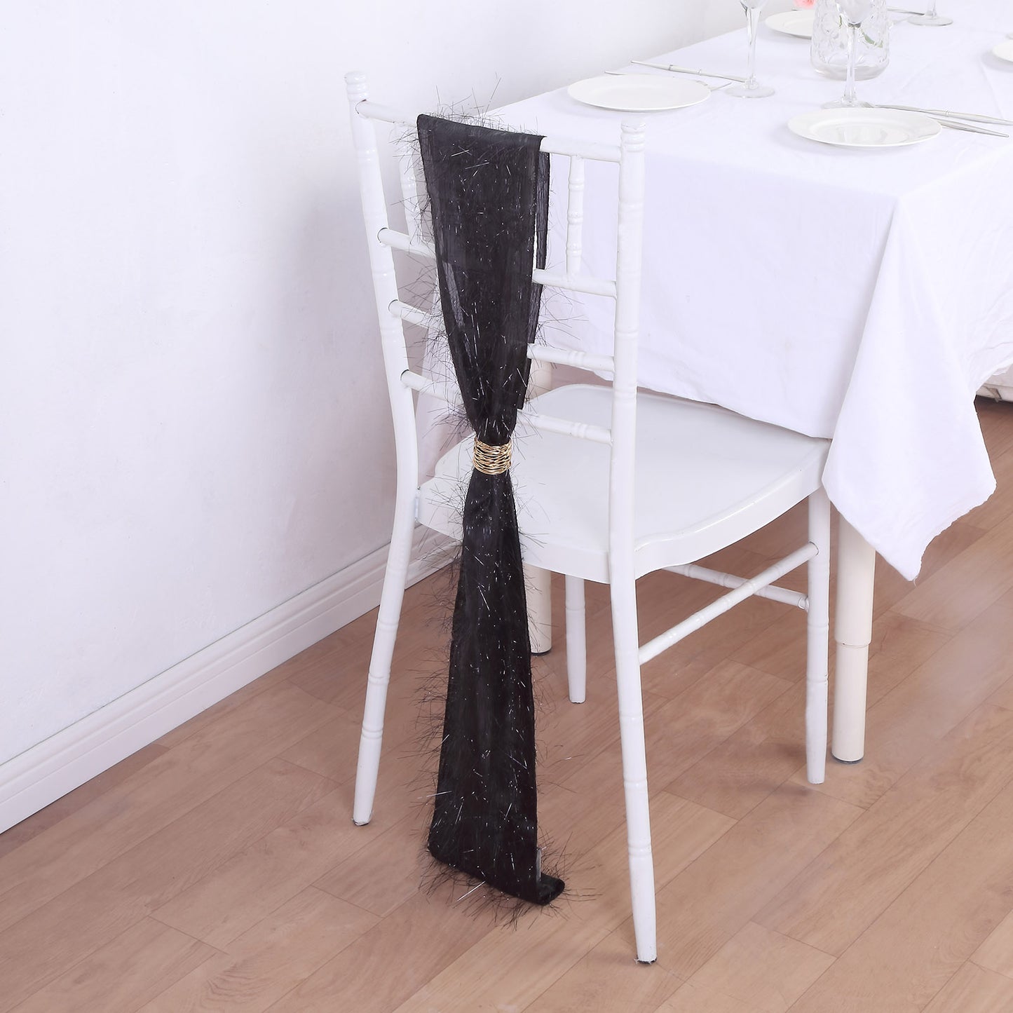5 Pack Black Metallic Fringe Shag Tinsel Chair Sashes, Shimmery Polyester Chair Sashes - 6"x108"