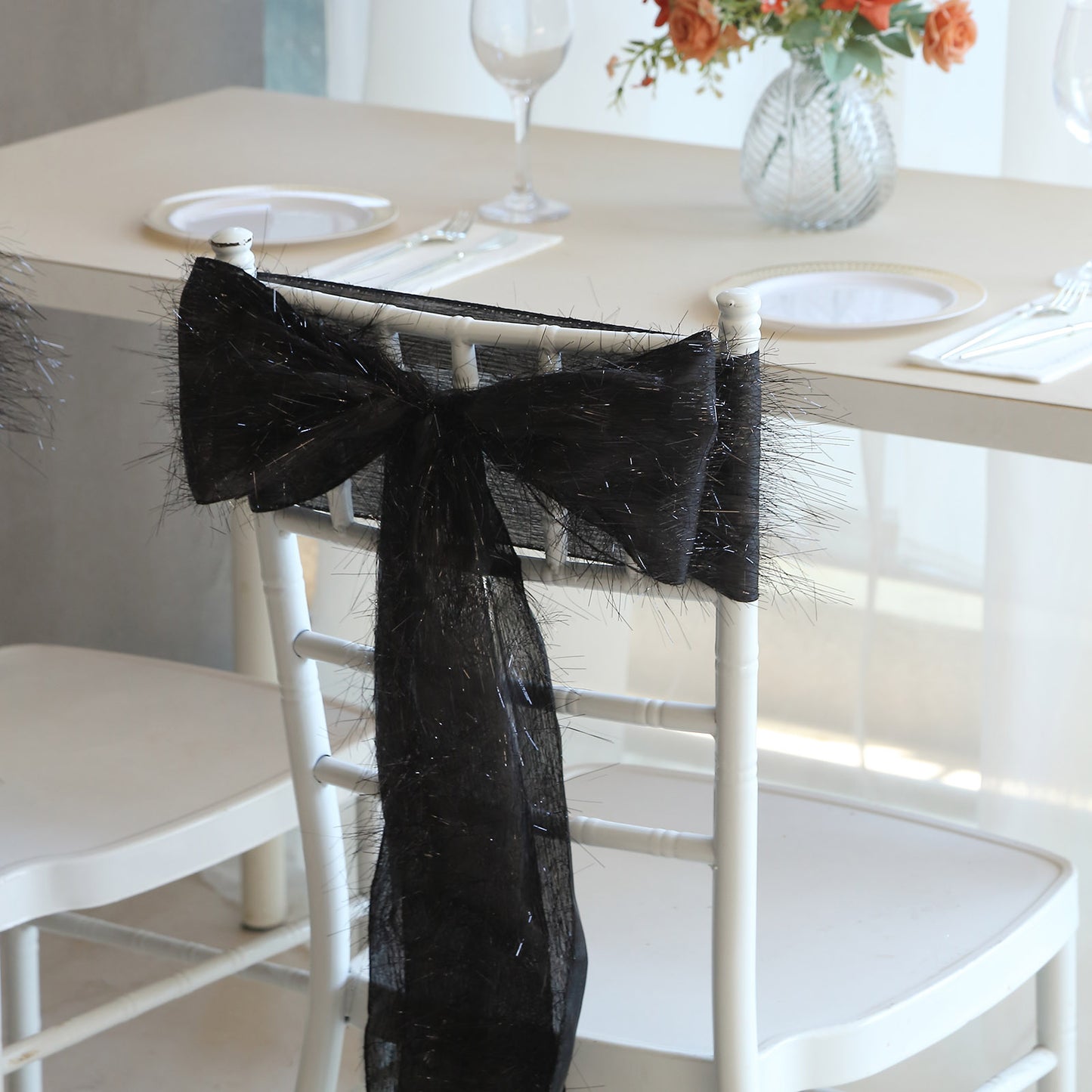 5 Pack Black Metallic Fringe Shag Tinsel Chair Sashes, Shimmery Polyester Chair Sashes - 6"x108"