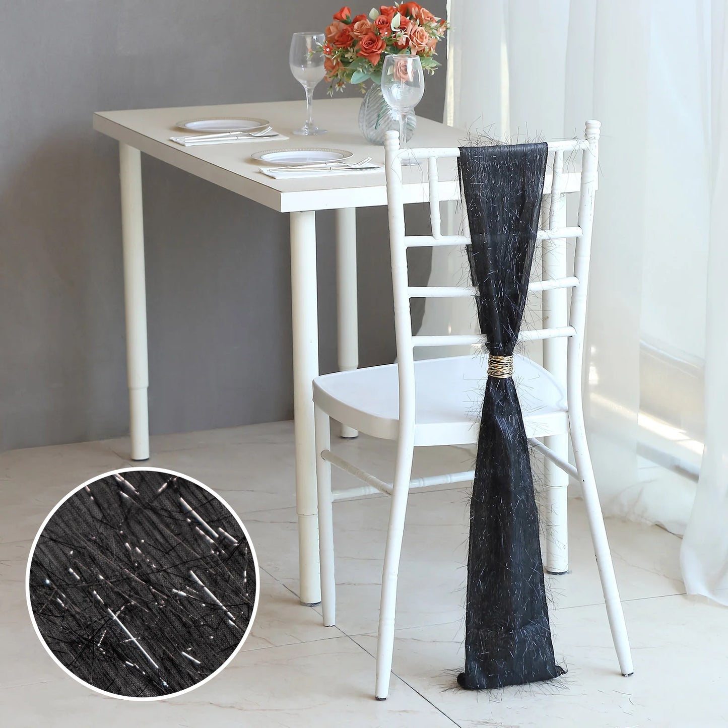 5 Pack Black Metallic Fringe Shag Tinsel Chair Sashes, Shimmery Polyester Chair Sashes - 6"x108"