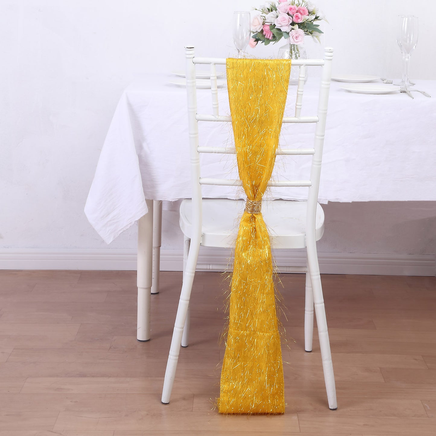 5 Pack Gold Metallic Fringe Shag Tinsel Chair Sashes, Shimmery Polyester Chair Sashes - 6"x108"