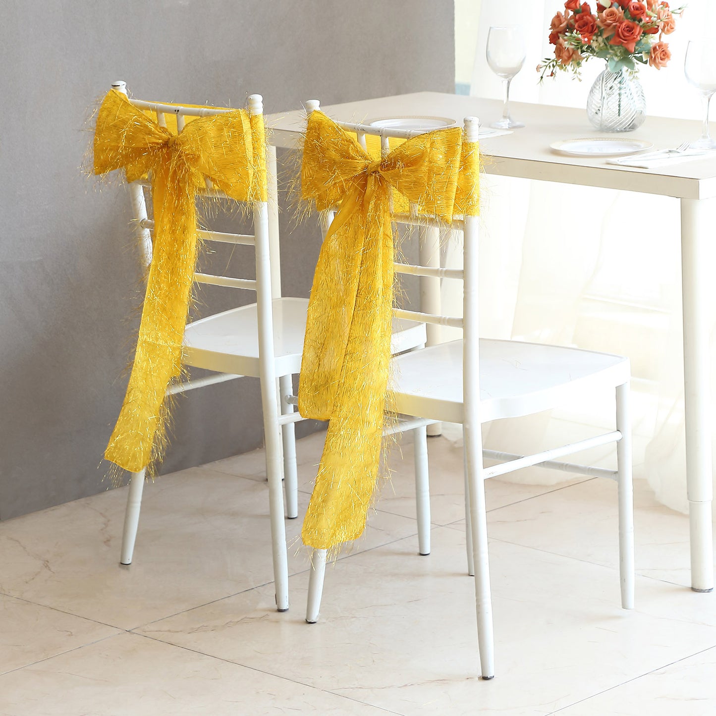 5 Pack Gold Metallic Fringe Shag Tinsel Chair Sashes, Shimmery Polyester Chair Sashes - 6"x108"