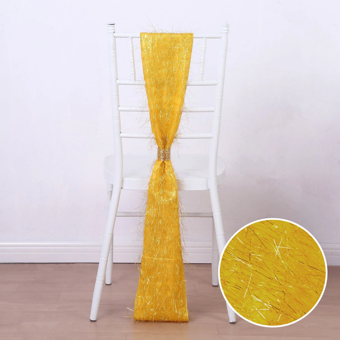 5 Pack Gold Metallic Fringe Shag Tinsel Chair Sashes, Shimmery Polyester Chair Sashes - 6"x108"