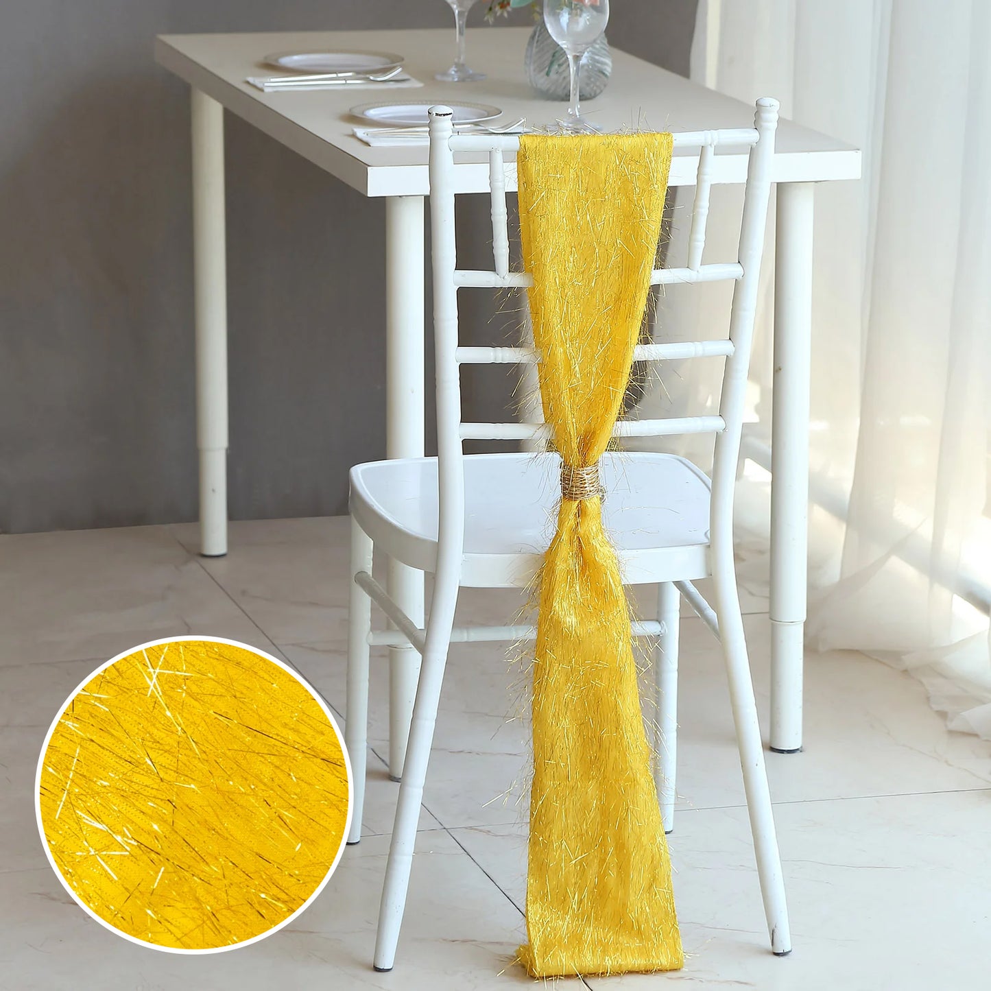 5 Pack Gold Metallic Fringe Shag Tinsel Chair Sashes, Shimmery Polyester Chair Sashes - 6"x108"