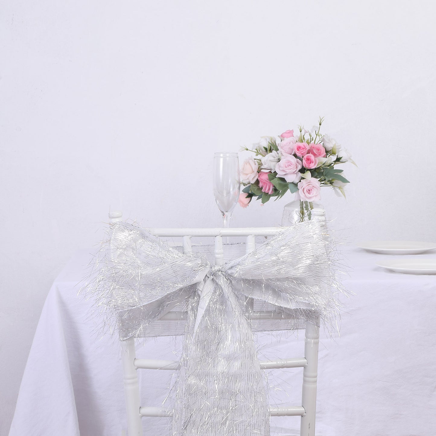 5 Pack Silver Metallic Fringe Shag Tinsel Chair Sashes, Shimmery Polyester Chair Sashes - 6"x108"
