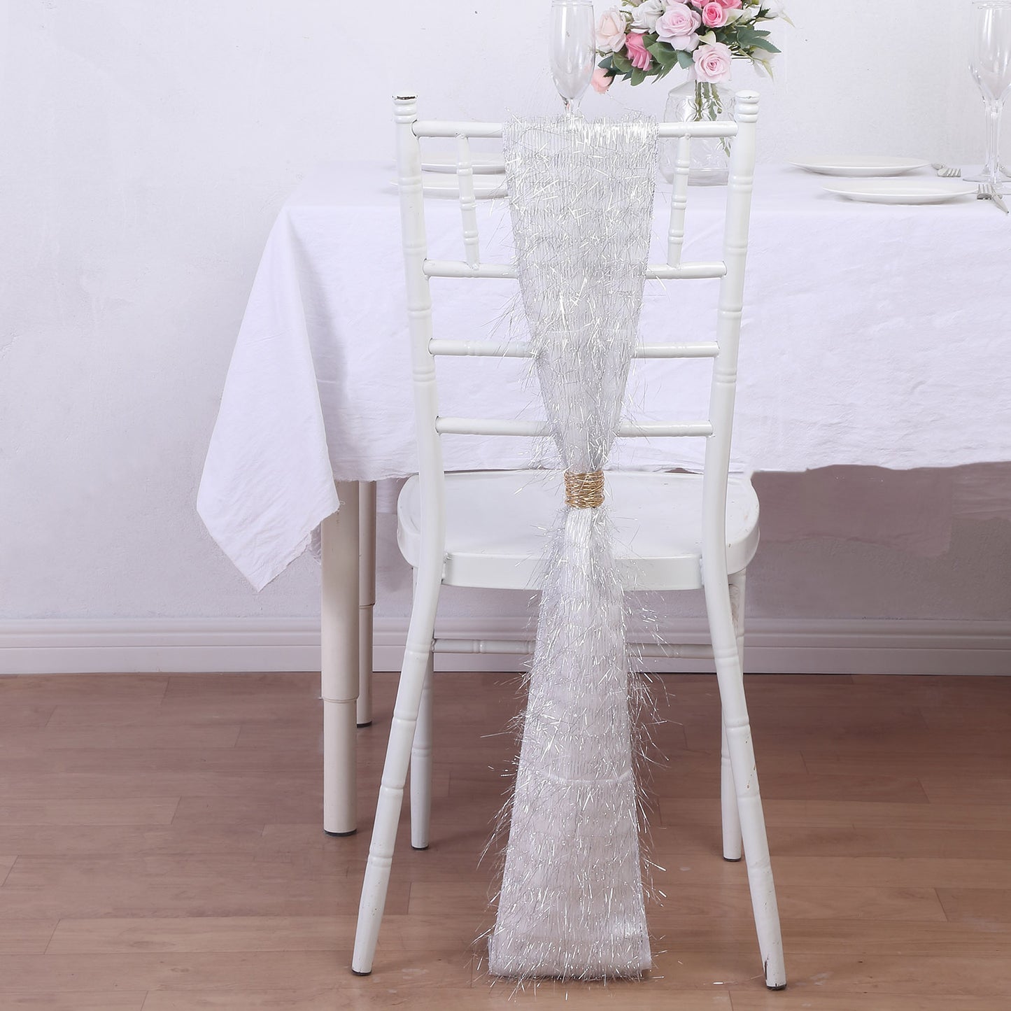 5 Pack Silver Metallic Fringe Shag Tinsel Chair Sashes, Shimmery Polyester Chair Sashes - 6"x108"