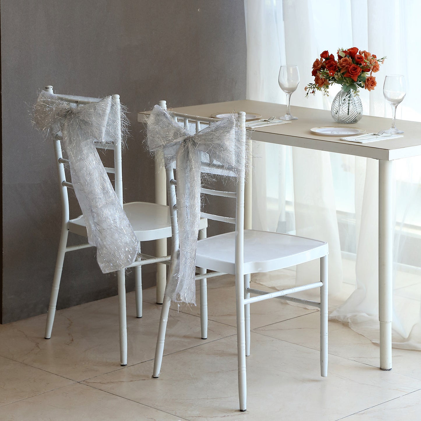 5 Pack Silver Metallic Fringe Shag Tinsel Chair Sashes, Shimmery Polyester Chair Sashes - 6"x108"