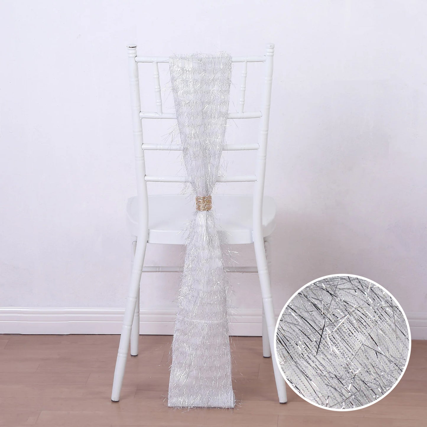 5 Pack Silver Metallic Fringe Shag Tinsel Chair Sashes, Shimmery Polyester Chair Sashes - 6"x108"