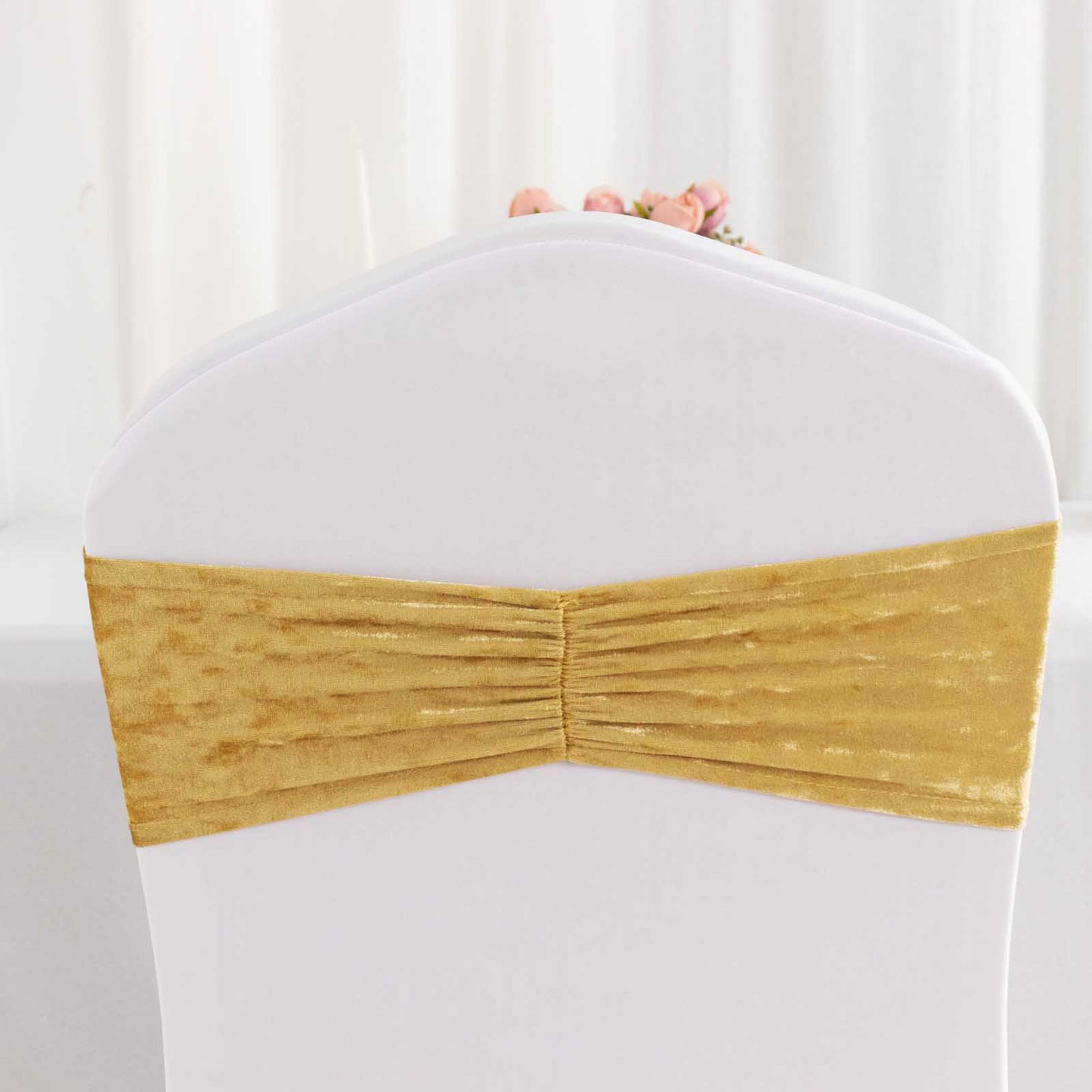 5 Pack Champagne Premium Crushed Velvet Ruffle Chair Sash Bands, Decorative Wedding Chair Sashes