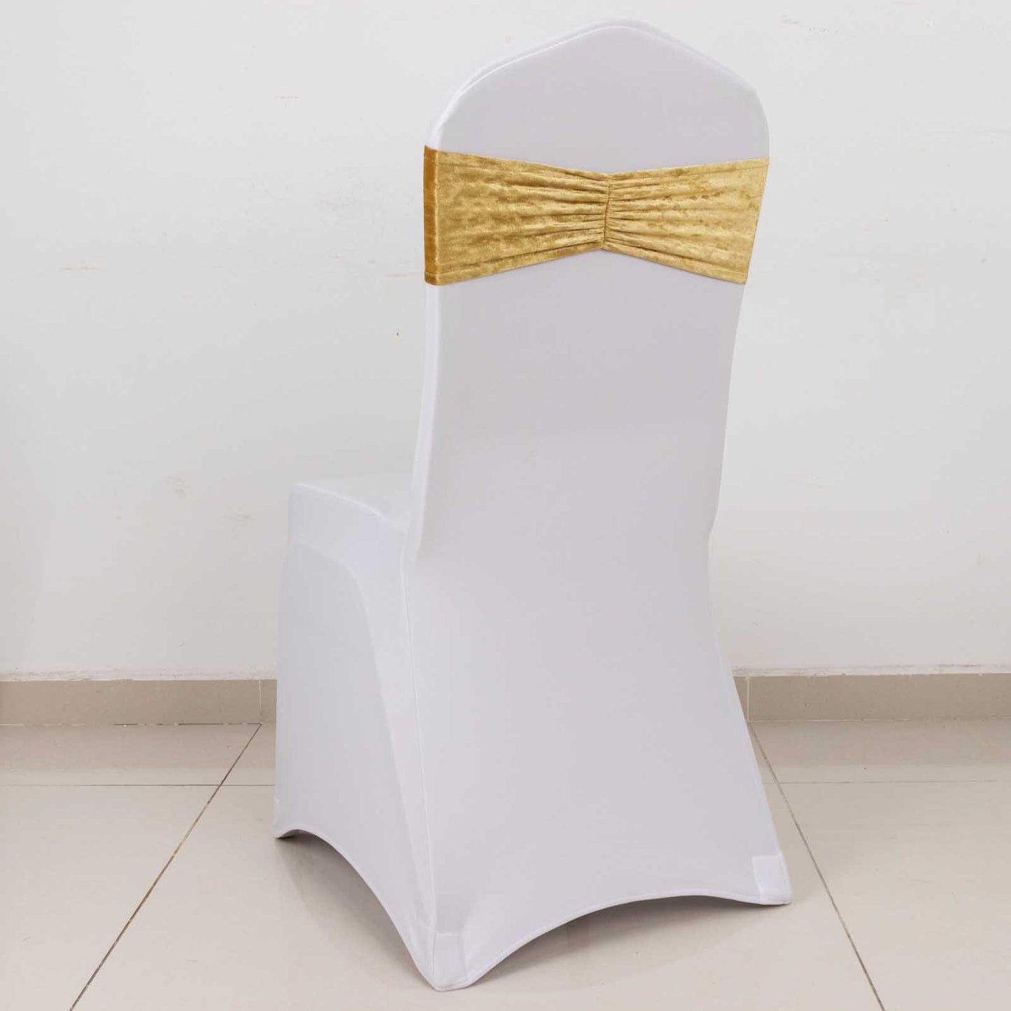 5 Pack Champagne Premium Crushed Velvet Ruffle Chair Sash Bands, Decorative Wedding Chair Sashes