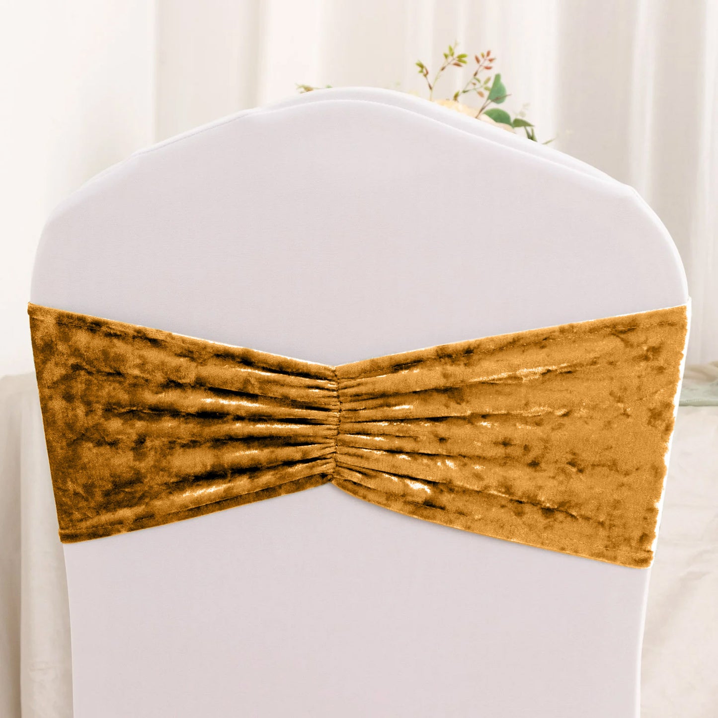 5 Pack Gold Premium Crushed Velvet Ruffle Chair Sash Bands, Decorative Wedding Chair Sashes