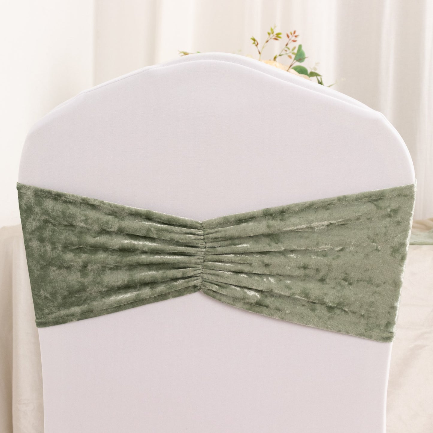 5 Pack Sage Green Premium Crushed Velvet Ruffle Chair Sash Bands, Decorative Wedding Chair Sashes