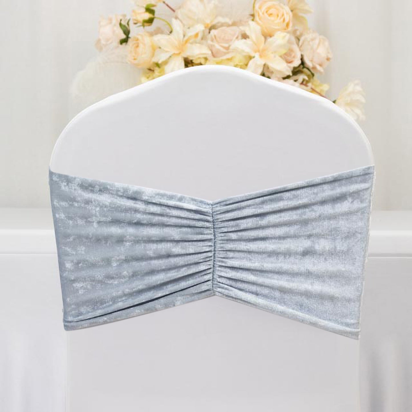 5 Pack Crushed Velvet Chair Bands Dusty Blue Wide Ruffle Style - Textured Chair Sashes for Stunning Event Decor - 8"x15"