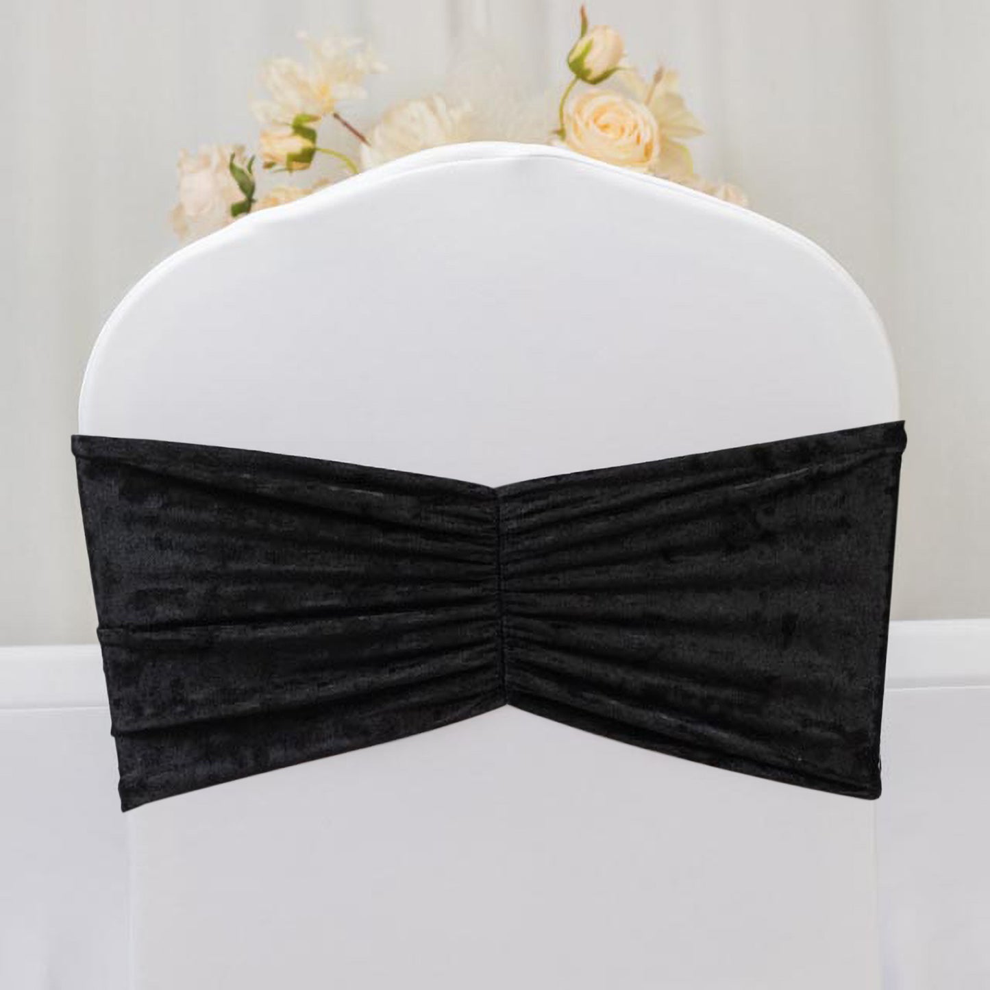5 Pack Crushed Velvet Chair Bands Black Wide Ruffle Style - Textured Chair Sashes for Stunning Event Decor - 8"x15"