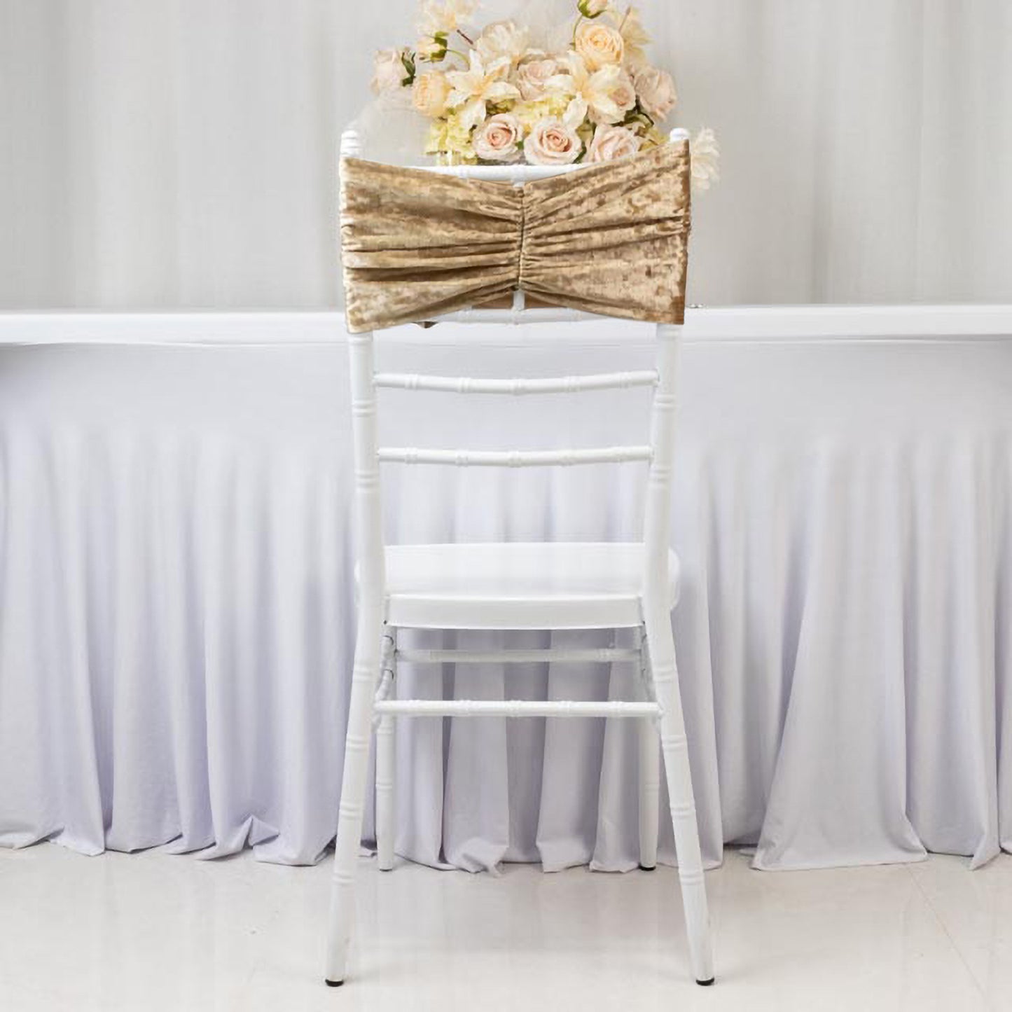5 Pack Crushed Velvet Chair Bands Champagne Wide Ruffle Style - Textured Chair Sashes for Stunning Event Decor - 8"x15"